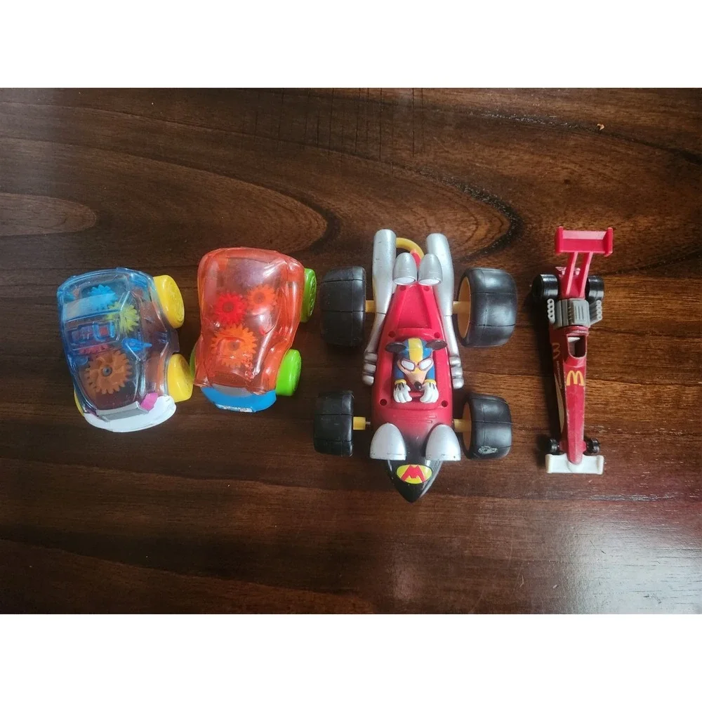 Lot of 4 Vintage toy cars. Pull string Mickey Kart, McDonalds 1993, clear gear